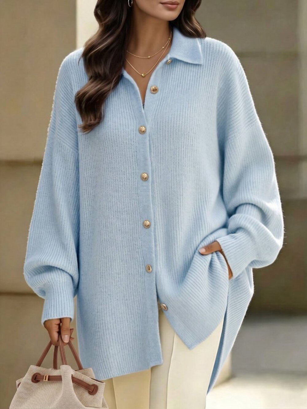 Blue Casual Women's Mid-Length Cardigan With Lapel